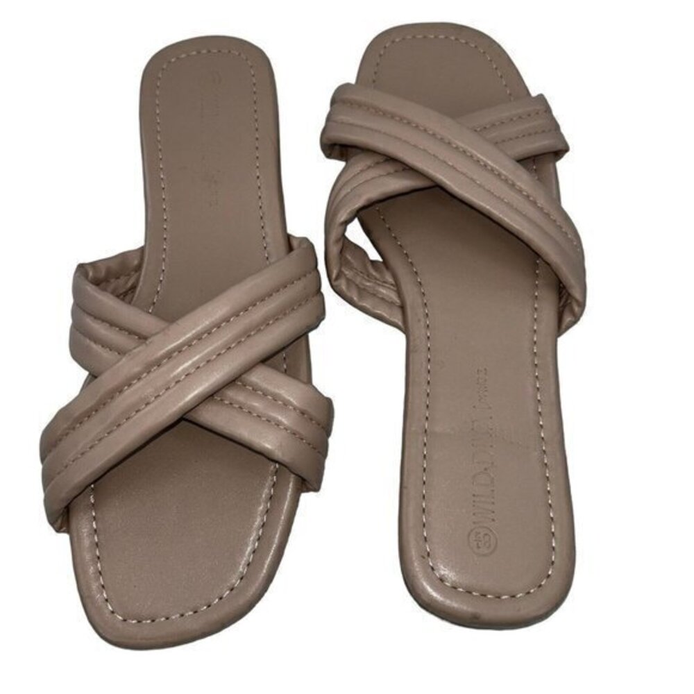 Wild Diva Quilted Crisscross Slip On Slides Sandals Flat Tan Size 8.5